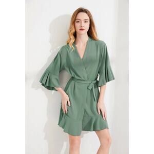 Birdy Grey Kenny Matte Satin Belted Robe M/L Eucalyptus Green Bridesmaid Lounge